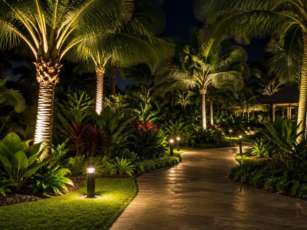 Jardim com paisagismo noturno, destacando plantas com espetos de luz quente e caminhos demarcados por balizadores.